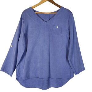 Soft Surroundings Tunic Size L Purple 100% Tencel V-Neck Roll Tab Sleeve